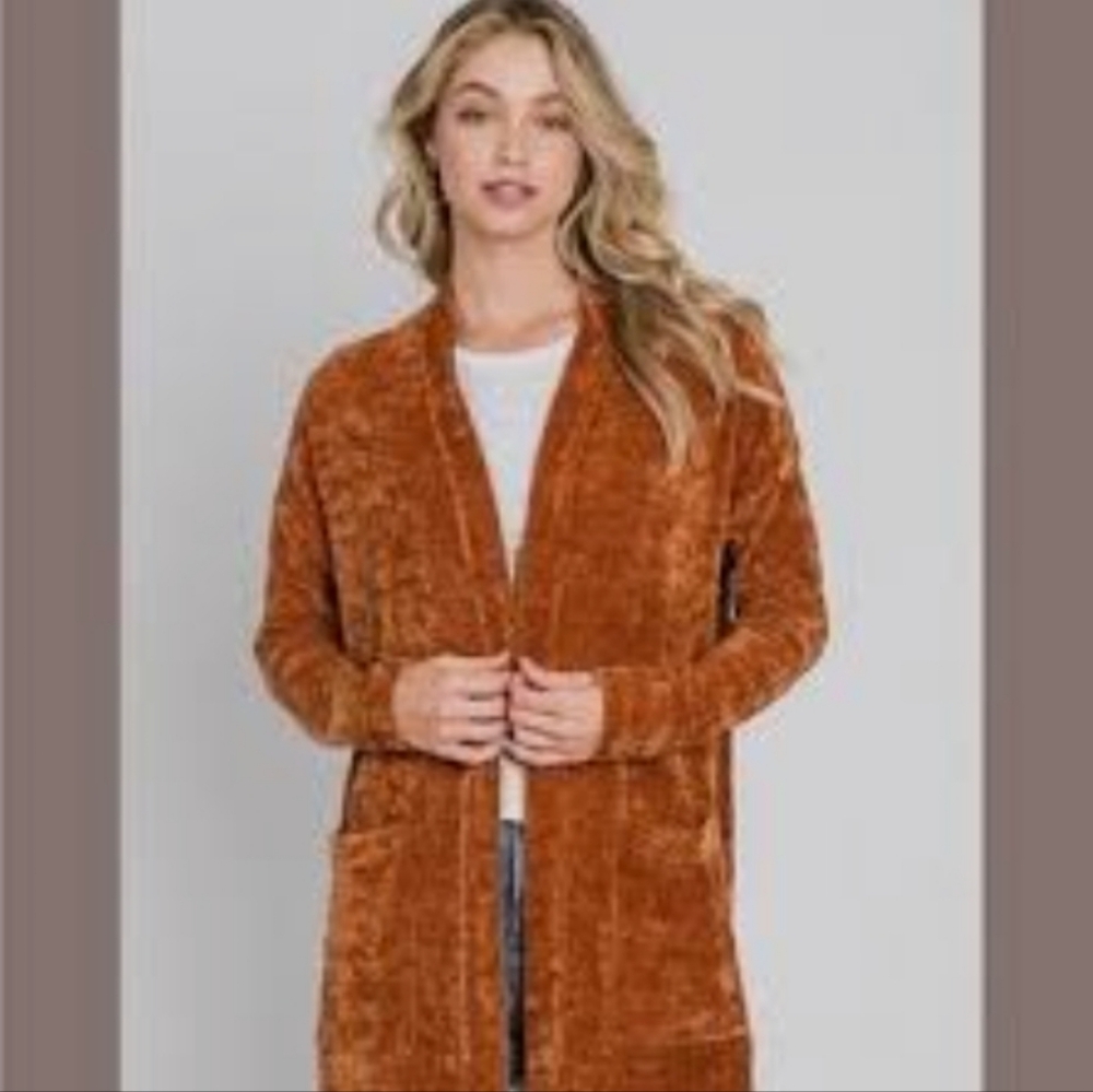 Hailey & Co Chenille Cinnamon Cardigan‎ with open front pockets Womens Size M